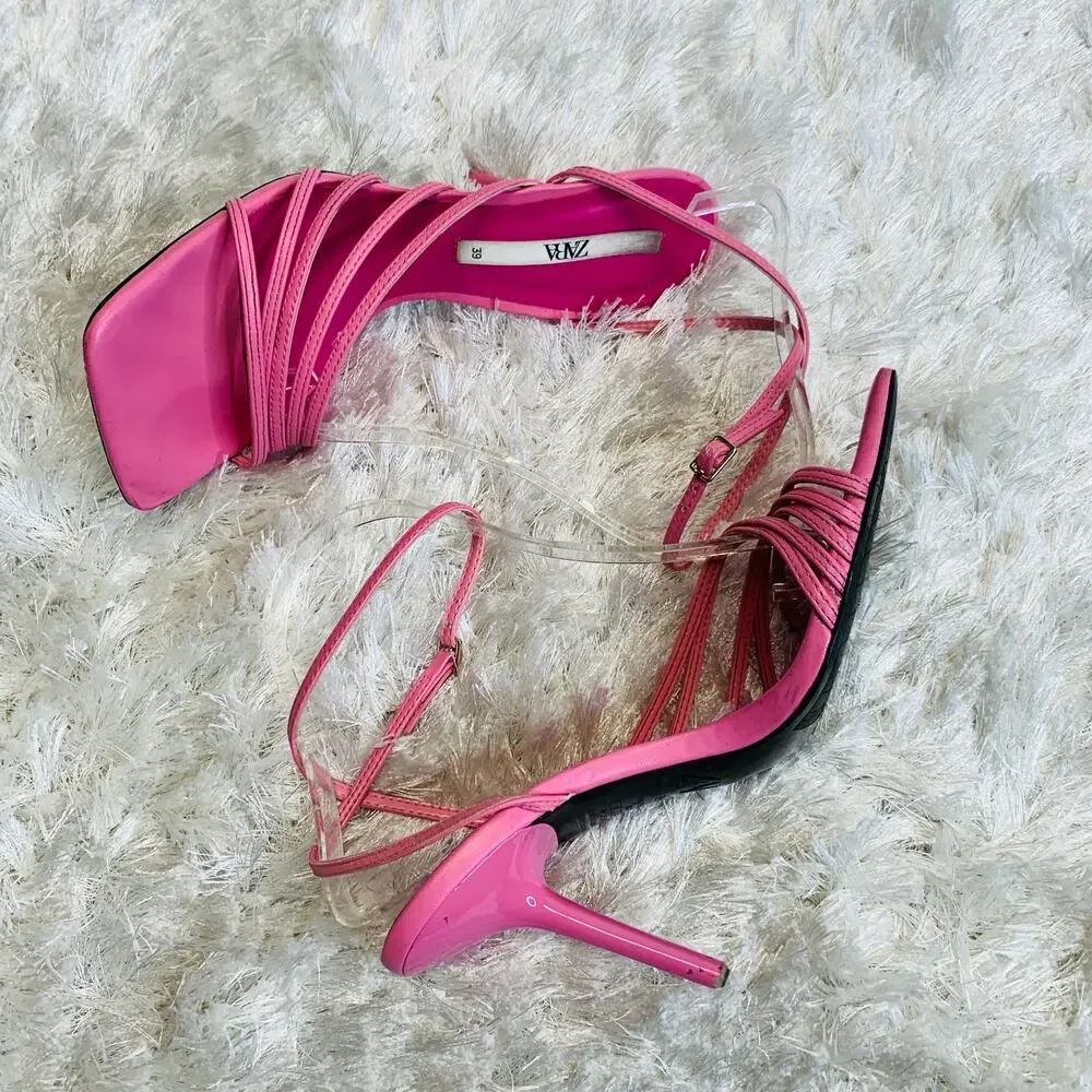 PINK Zara Strappy Heels Wrap Ankle Strap Sz 39 8.5 Scuffed Heels - Picture 6 of 9